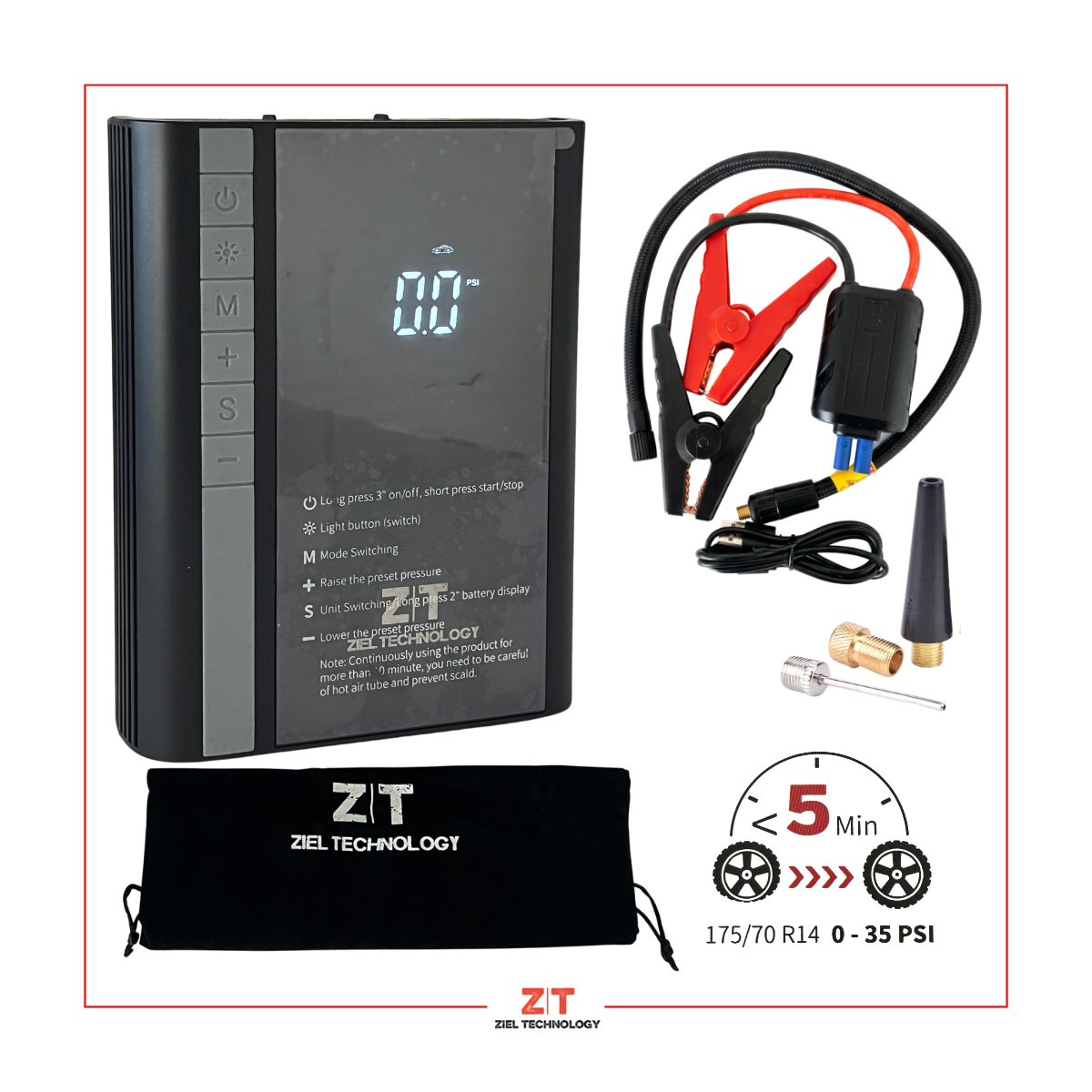 Arrancador Batería e Inflador Compresor Portátil - Ziel Technology - Imagen 2